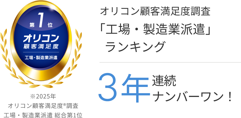 オリコン顧客満足度調査 「工場・製造業派遣」ランキング 3年連続ナンバーワン!